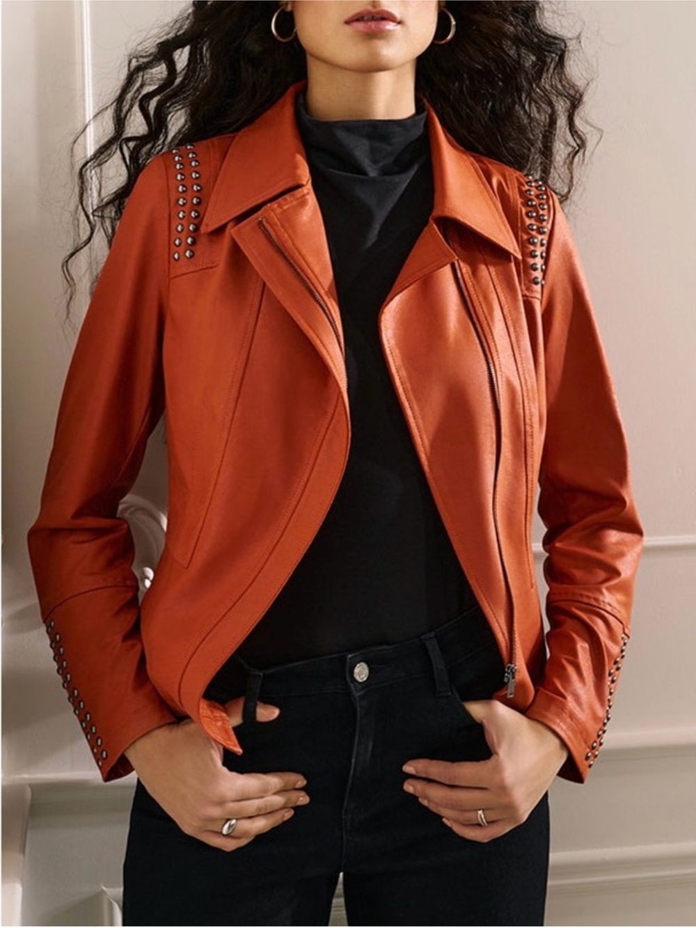 Joseph Ribkoff Notched Collar Jacket Faux Leather Small Tandoori Orange